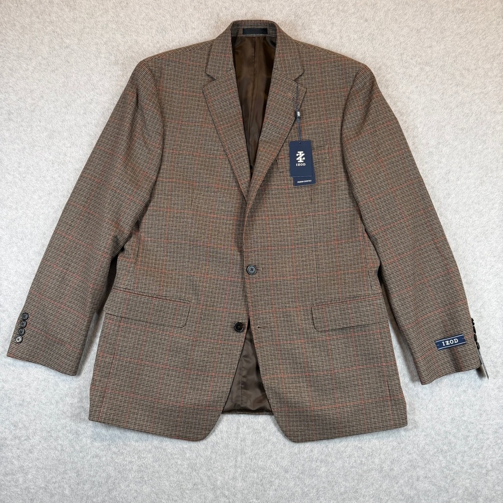 IZOD Sport Coat Men 42L Brown Glen Plaid Stretch Two Button Blazer Jacket New